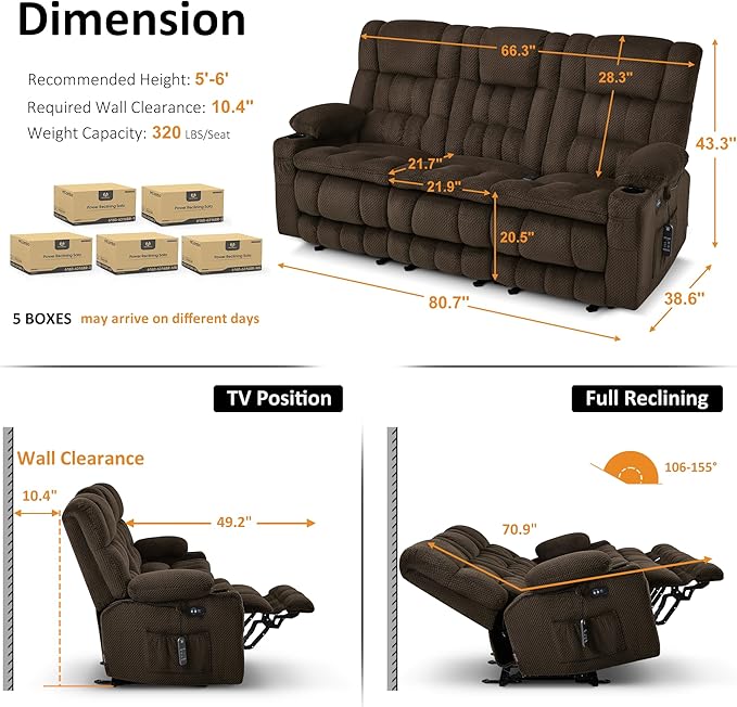 MCombo 80.7" W 3 Seater Power Reclining Sofa with Heat and Vibration Massage, Zero Gravity Recliner Sofa Couch for Living Room, Fabric 6316M3 (Brown, 3-Seater)