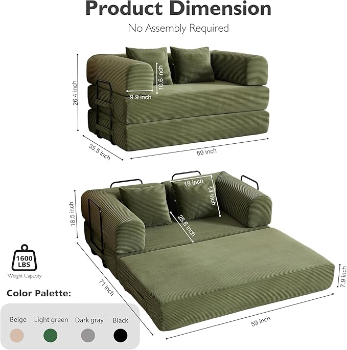 59in Convertible Sofa Bed, Corduroy Boneless Couch Bed, Futon Sleeper Sofa Pull Out Bed, Foldable Couch for Living Room Apartment, No Assembly Required