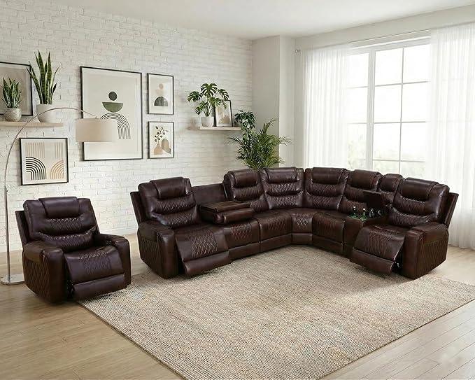 Air Leather Recliner Sectional Sofa Set, Power Reclining Sectional Couch for Living Room, L Shaped Recliner Corner Couch and Single Chair with LED Lighting, USB Port&Storage (Dark Red)