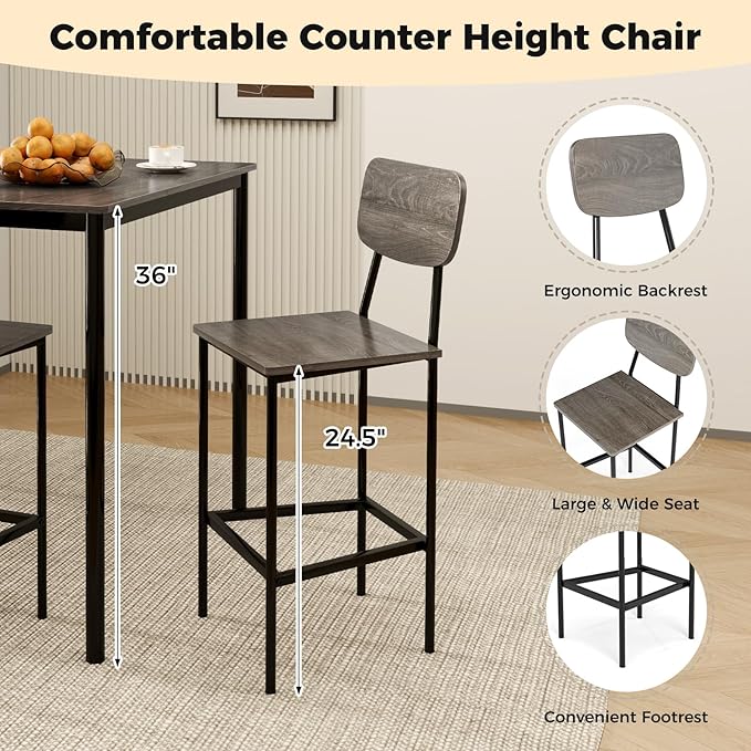 GOFLAME 5-Piece Dining Table Set for Small Space, Kitchen Table and Chairs Set for 4 with Steel Frame, Square Breakfast Table Set, Industrial Counter Height Table Set for Home Restaurant, Grey Oak
