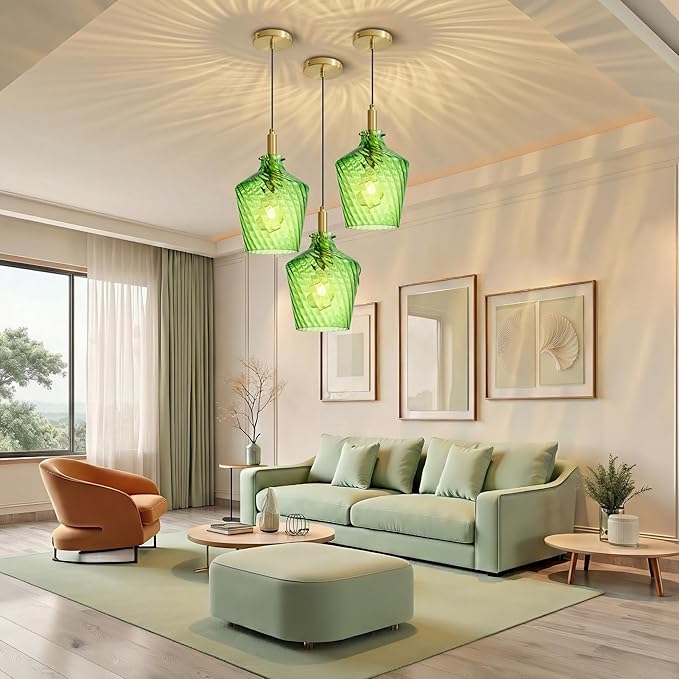 Modern Stripes Green Glass Pendant Lighting for Kitchen Island 1 Pack, Farmhouse Gold Pendant Light Fixtures, Height Adjustable Ceiling Pendant Light, 8 Inch
