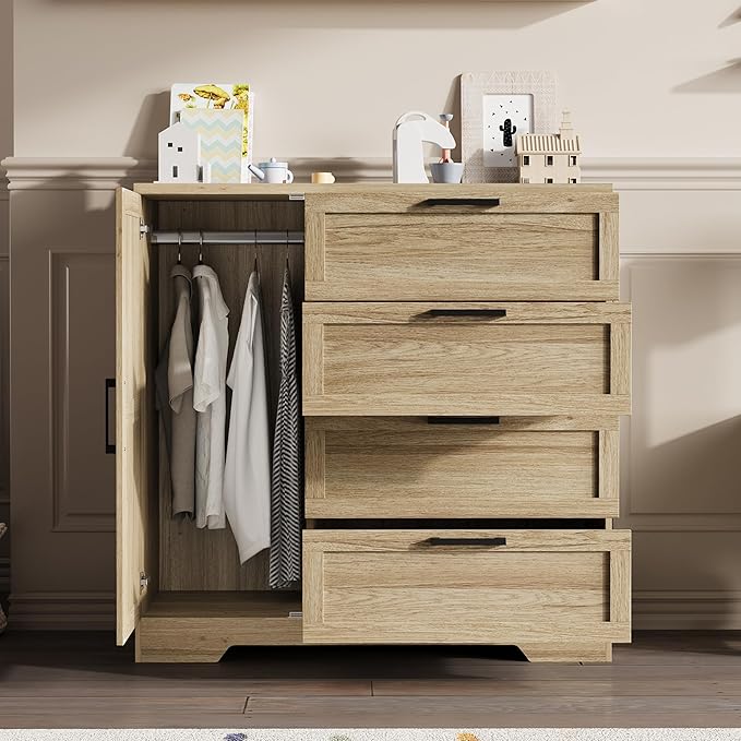 IDEALHOUSE 43.3'' H Armoire Wardrobe Closet with 4 Drawers and Hanging Rod, Multifunctional Wood 4 Drawers Dresser with Storage Closet, Clothing Storage Cabinets for Bedroom, Natural Oak