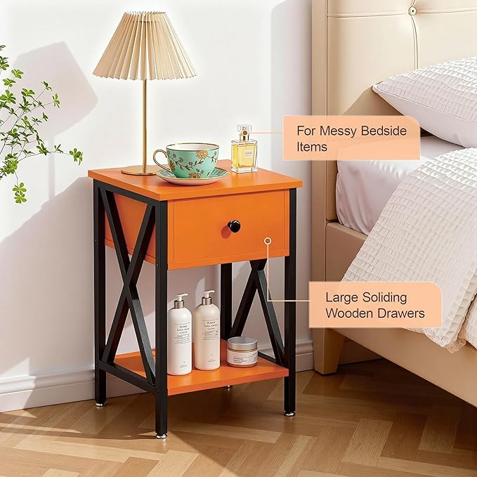 VECELO Nightstand,Modern Bedside End Table, Night Stand with Drawer and Storage Shelf for Living Room Bedroom, Industrial Metal Frame