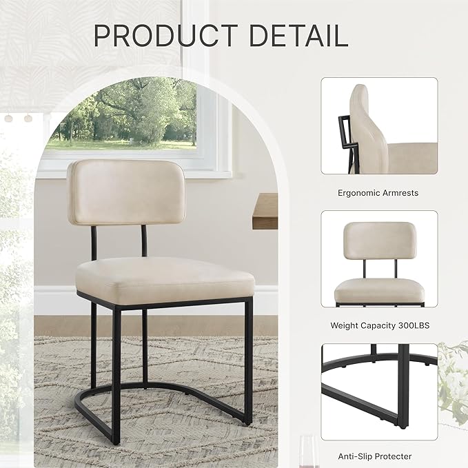 Dining Chairs Set of 2, Upholstered Modern Kitchen Chairs with Ergonomic Backrest, Faux Leather Cushion Seat & Curve Metal Legs for Living Room, Restaurant, and Café, Beige