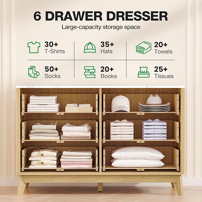 47" Fluted Dresser for Bedroom with Arc-Shaped Corner,6 Drawers,Modern Chest of Drawers with Metal Handle, Wood Closet Clothes Storage Organizer with Curved Edges for Bedroom,Natural