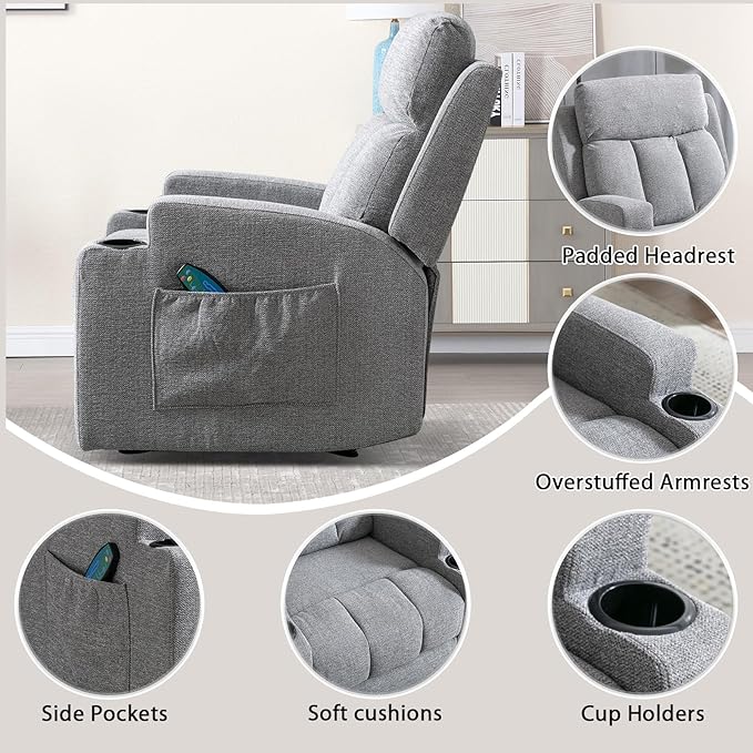 CANMOV Manual Massage Heat Recliner Chair Set of 2,Soft Fabric Recliner Chair with Overstuffed Arm and Back, Manual Reclining Single Sofa with 2 Cup Holders, Side Pocket for Living Room,Grey
