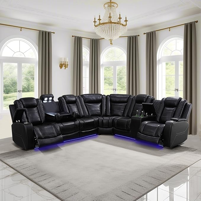 Power Recliner Sectional Sofa Set, Black Leather Sectional Couch for Living Room, L Shape Reclining Sofa with Cup Holder, Hidden Storage, Drop-Down Table for House(6 Seat)