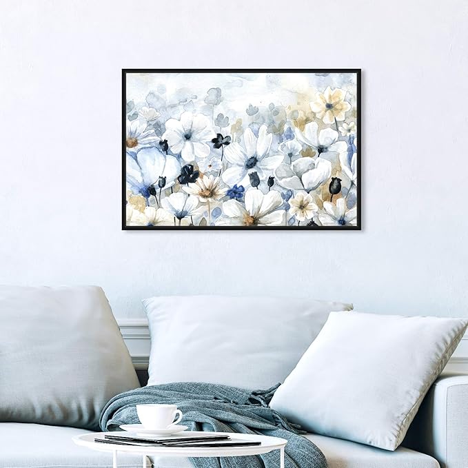 The Oliver Gal Artist Co. Floral and Botanical Wall Art Framed Canvas Prints 'Fields Flowers Home Décor, 24" x 16", Blue, White