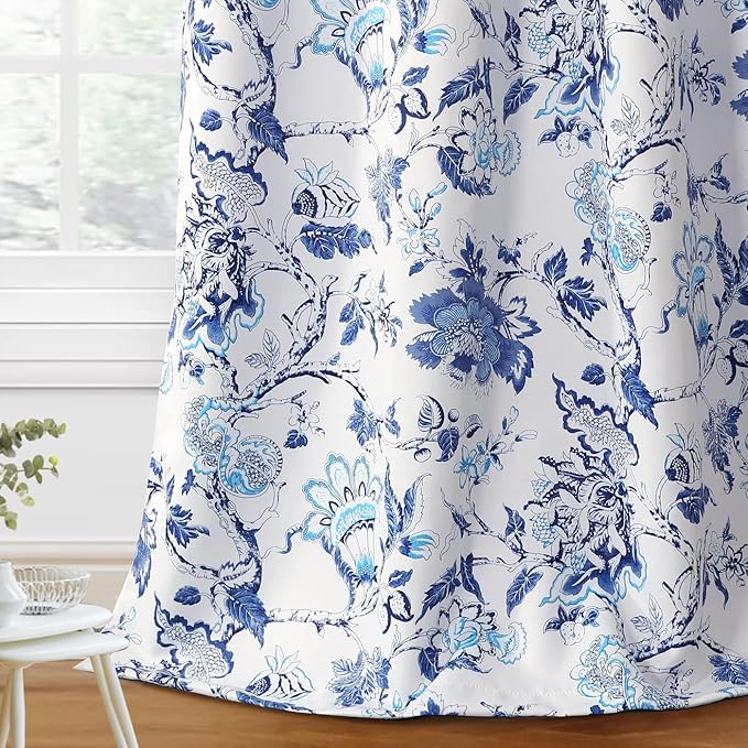 H.VERSAILTEX Blackout Curtains 96 Inch Length 2 Panels Set Floral Print Curtain Drapes for Living Room Thermal Insulated Grommet Window Curtains for Bedroom - Traditional Floral in Blue and White