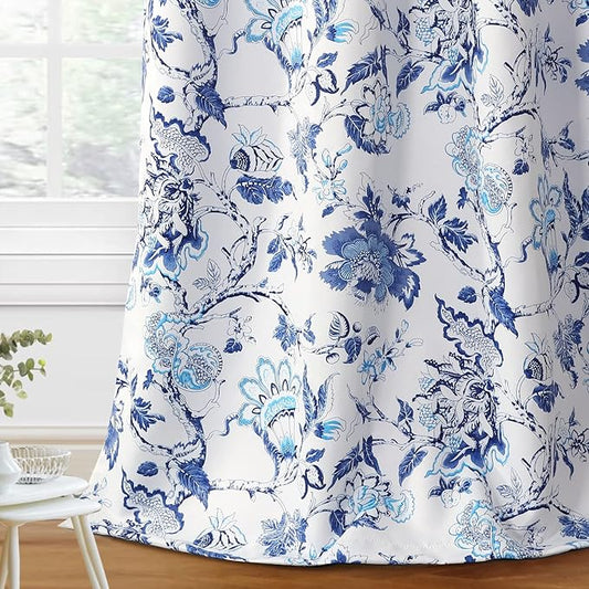 H.VERSAILTEX Blackout Curtains 108 Inch Length 2 Panels Set Floral Print Curtain Drapes for Living Room Thermal Insulated Grommet Window Curtains for Bedroom - Traditional Floral in Blue and White