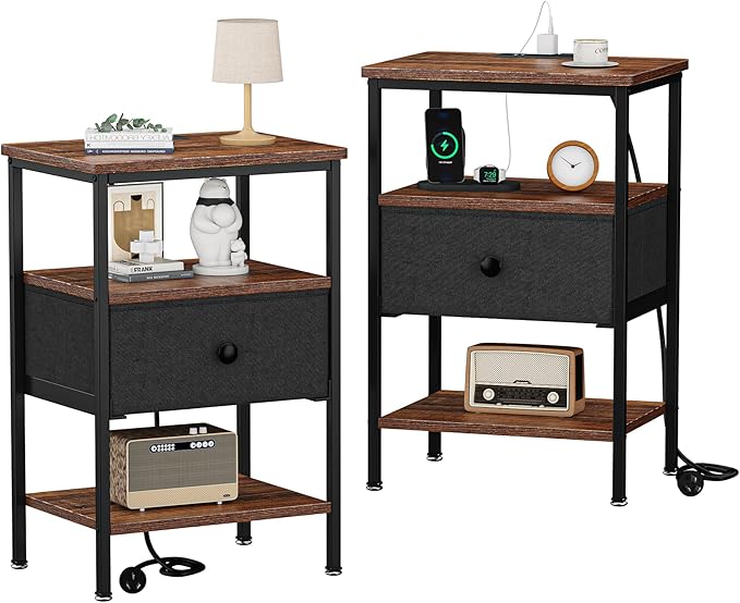 VECELO Bedside Tables Set of 2 with Charging Station,End Tables with Storage Shelf&Fabric Drawer,Bedside Tables for Bedroom,Living Room,Small Spaces,Brown