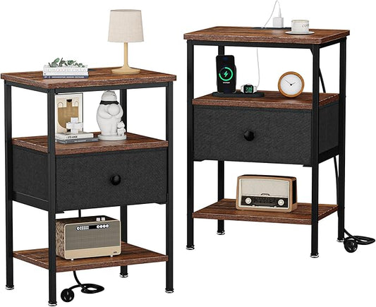 VECELO Bedside Tables Set of 2 with Charging Station,End Tables with Storage Shelf&Fabric Drawer,Bedside Tables for Bedroom,Living Room,Small Spaces,Brown