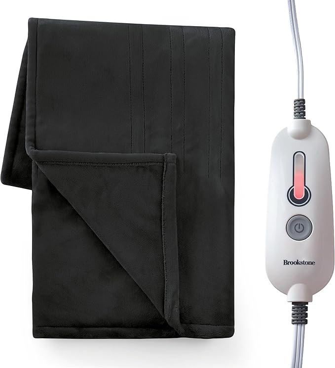 Brookstone Oversized Electric Heated Throw - Heated Blankets - 4 Heat Settings, 4-Hour Auto Shut Off, 100% Polyester, 50"x60" - Black