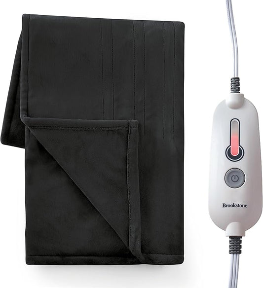 Brookstone Oversized Electric Heated Throw - Heated Blankets - 4 Heat Settings, 4-Hour Auto Shut Off, 100% Polyester, 50"x60" - Black