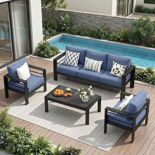 Solaste Aluminum Outdoor Patio Furniture Set, 5 Seats Patio Sectional Sofa with 5" Thick Cushion, Outdoor Patio Set with Coffee Table for Porch, Backyard, Deck, Yard, Blue