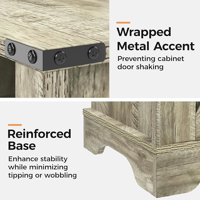 RoyalCraft Set of 1 Farmhouse Nightstand, Grey End Table with Charging Station, Tall Bedside Table with Large Storage Room and Shelf, Wooden Rustic Side Table for Bedroom, Home Office, Light Grey