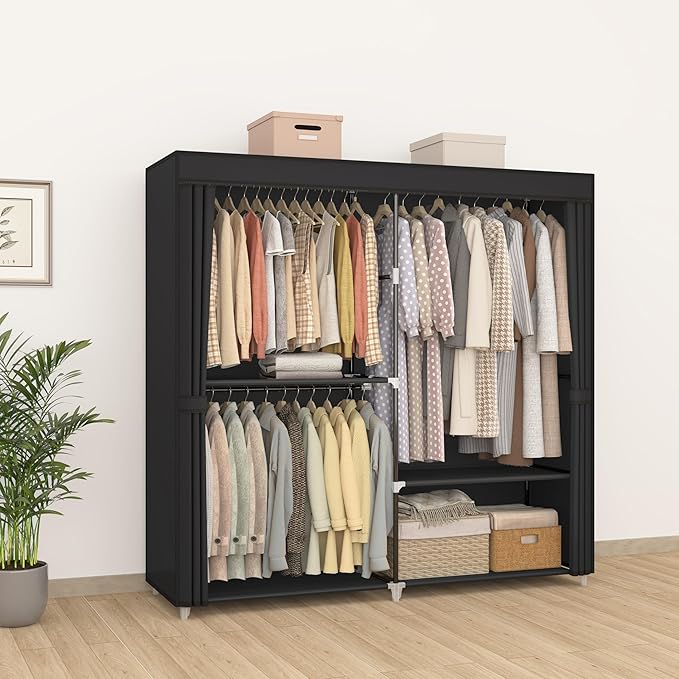 62.5" Closet Wardrobe, Portable Closet for Bedroom, Freestanding Clothes Rack with Non-Woven Fabric Cover, 3 Hanging Rods, 4 Storage Shelves, Clothes Storage Organizer, Black