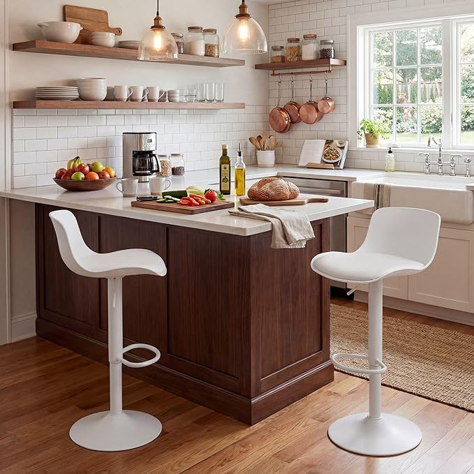 YOUNIKE Bar Stools Set of 2 Modern White PU Leather Counter Height Barstools, Swivel Adjustable Breakfast High Chairs with Back for Bar Counter and Kitchen Island