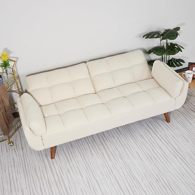 ERYE 75-Inch Linen Tufted Upholstered Futon Sofabed for Bedroom Living Room, Modern Convertible Futon Loveseat Sleeper Sofa Bed with Adjustable Backrest and Pillows | Easy to Assemble