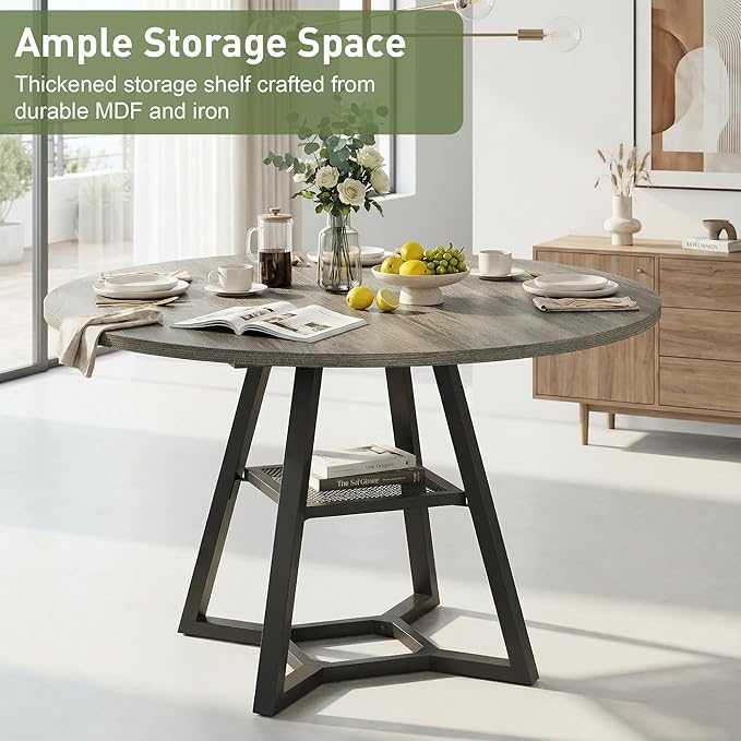 Round Dining Table for 4-6 with Storage Shelf, Kitchen & Dining Room Circle Pedestal Table, Heavy Duty Metal Frame & Wood Top