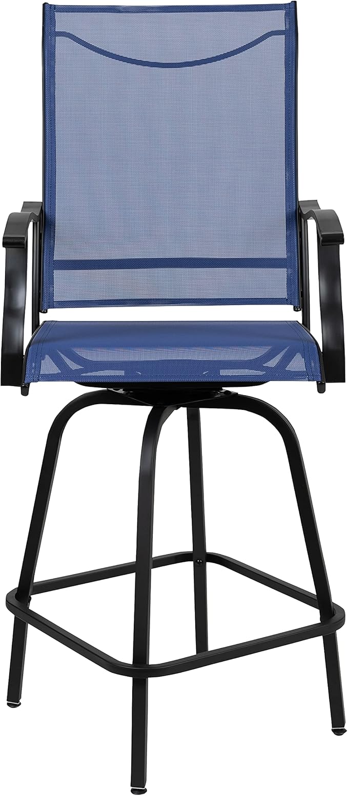 Flash Furniture Valerie All-Weather Swivel Patio Barstools with Footrest and Armrests, Modern Sling Outdoor Bar Height Stools, Set of 2, Navy