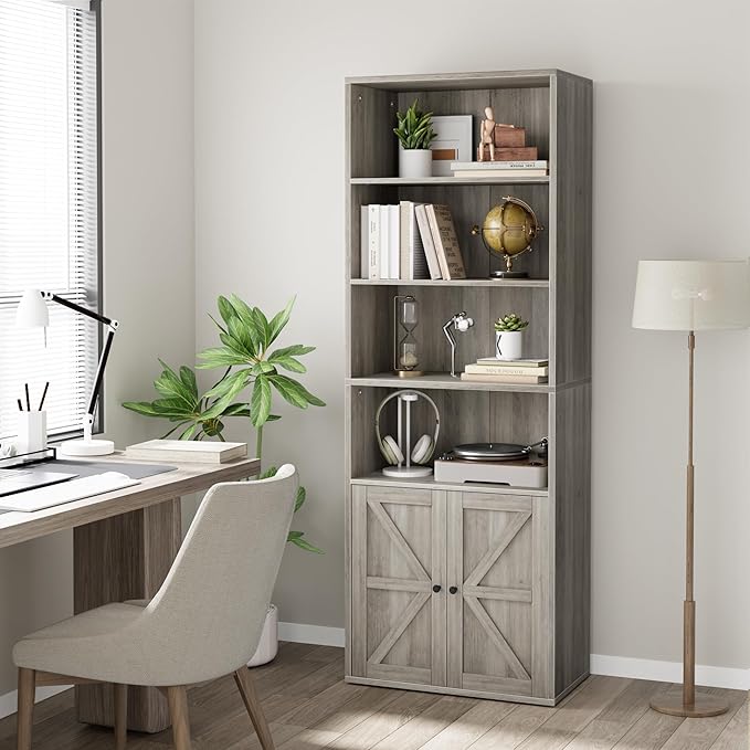 CABIHOME Farmhouse Bookcase with Doors 71.4in Tall Bookshelf 11.8in Depth Display Storage Shelves Industrial Bookcases Wooden 6 Shelf Bookshelves for Bedroom, Living Room, Home Office