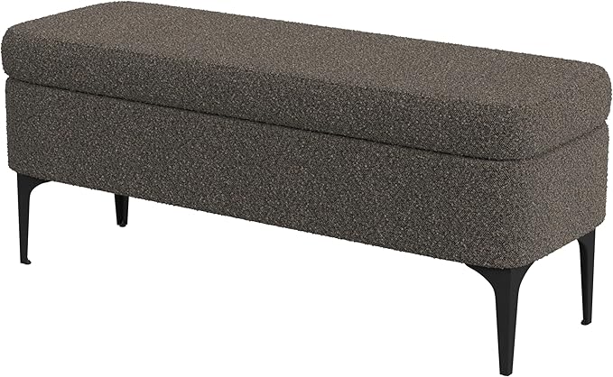 HomePop Upholstered Storage Bench with Metal Leg, 42" W, Dark Brown Boucle