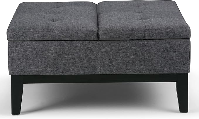 SIMPLIHOME Dover 36 inch Wide Contemporary Square Coffee Table Storage Ottoman in Slate Grey Linen Look Fabric, Assembled, For the Living Room and Bedroom