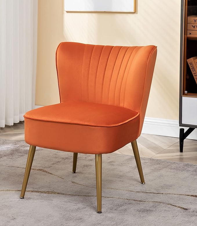 Modern Velvet Accent Chair for Living Room, Bedroom, or Entryway, Stylish and Comfortable Armless Design with Metal Legs, Orange Red