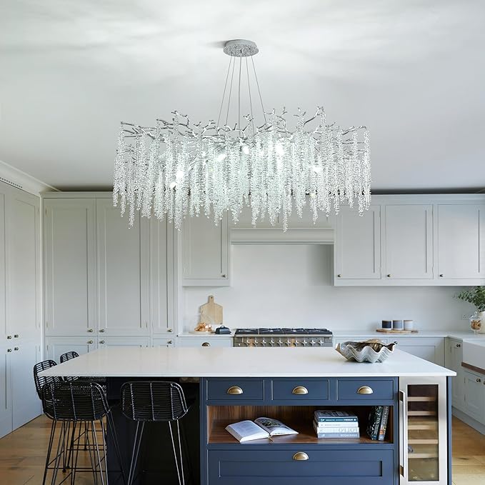 Modern Tree Branch Chandeliers Chrome D47'', Crystal Raindrop Chandelier for Living Room, Round Art Deco Lighting Fixture for for Dining Room Foyer Bedroom 18 Lights