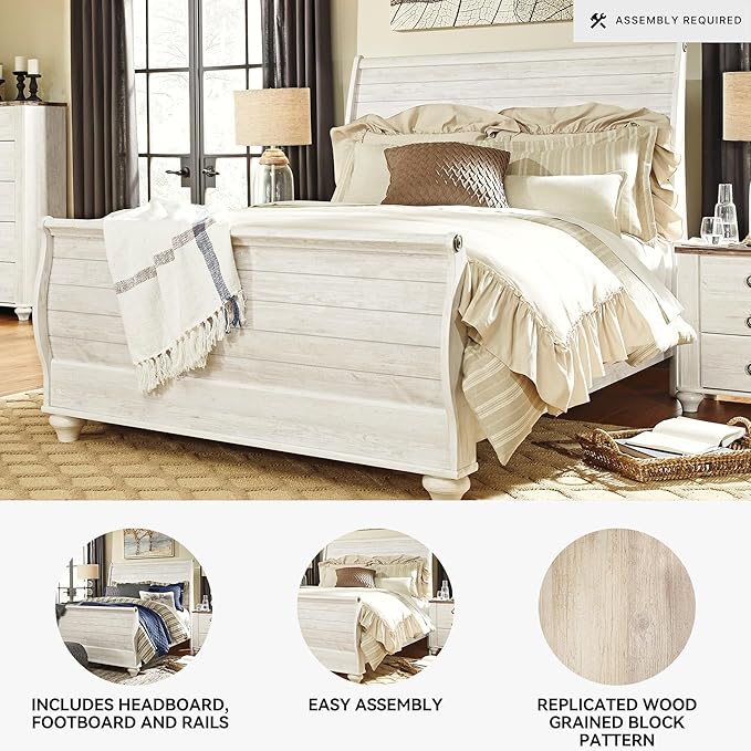Signature Design by Ashley Willowton Vintage Queen Sleigh Bed with Metal Slats, Foundation or Box Spring Needed, Whitewash