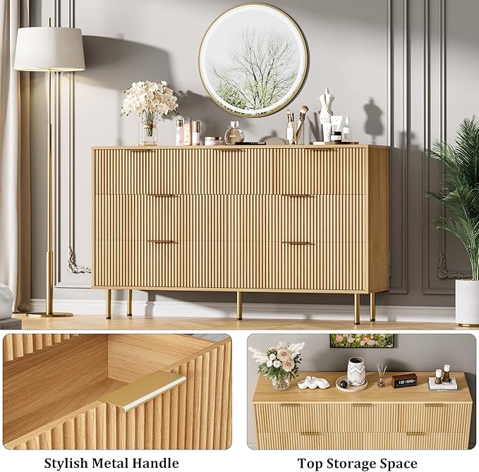 GAOMON 7 Drawer Dresser for Bedroom Chest of Drawers, 55" Wide Fluted Dresser with Drawers, Modern Wooden Double Dressers with Metal Handles for Living Room, Hallway