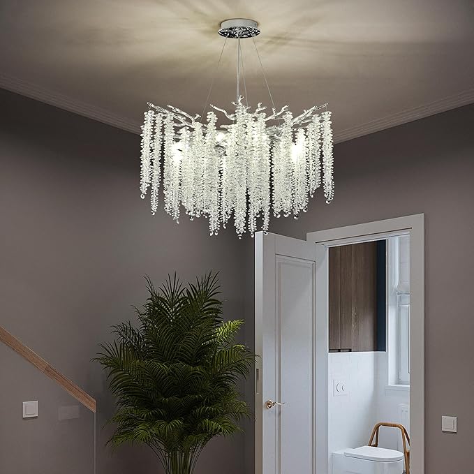 Modern Crystal Tree Branch Chandelier, Chrome Round Art Deco Raindrop Lighting Fixture for Dining Room Bedroom Foyer 6 Lights D18''