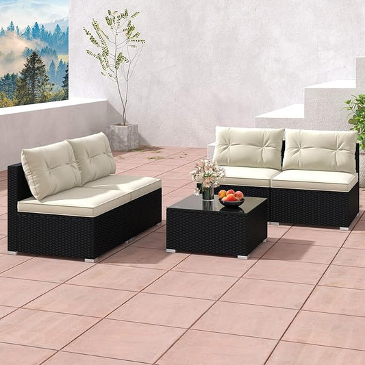 Tangkula 5 Piece Rattan Sofa Set, Patiojoy Outdoor Wicker Furniture Set with Seat & Back Cushions, Square Coffee Table, Patio Sectional Sofa Set for Backyard, Poolside, Garden