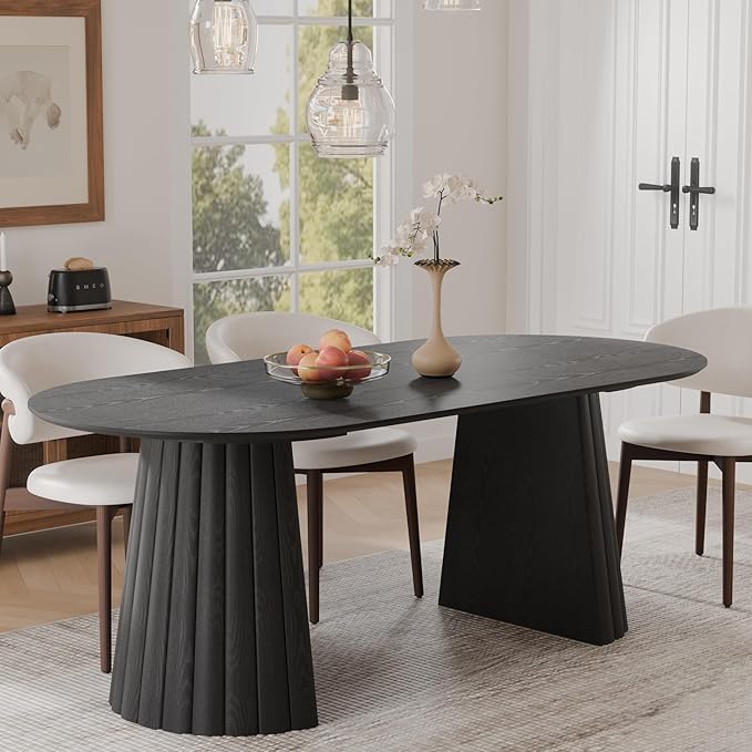Casaphoria 79" Oval Dining Table, Modern Wood Kitchen Table with Cone Shaped Stripe Convex Base for Living Room & Dining Room, Easy Assembly Farmhouse Furniture for 6-8, Black