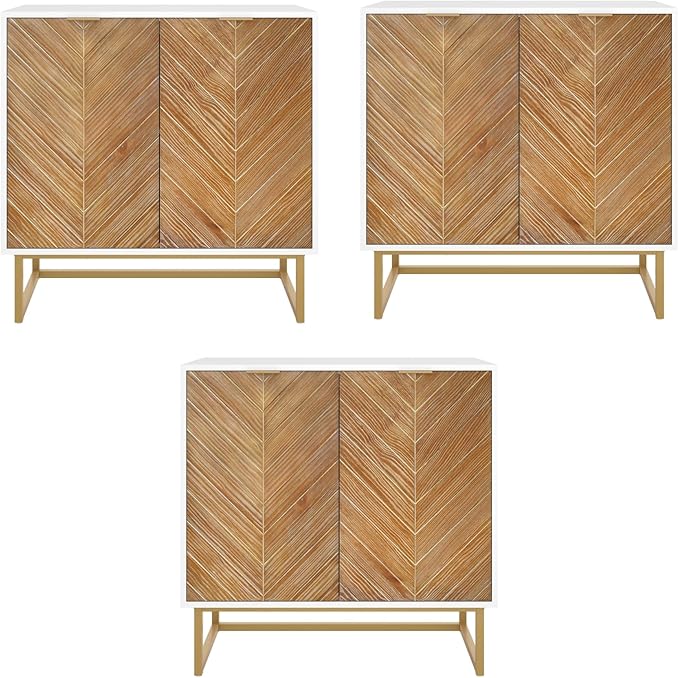 Nathan James Enloe Modern Storage Free Standing Accent Cabinet TV Stand with Doors in a Rustic Pine Wood Finish and Gold Metal Base for Hallway, Entryway or Living Room, Brown/White/Gold, Set of 3