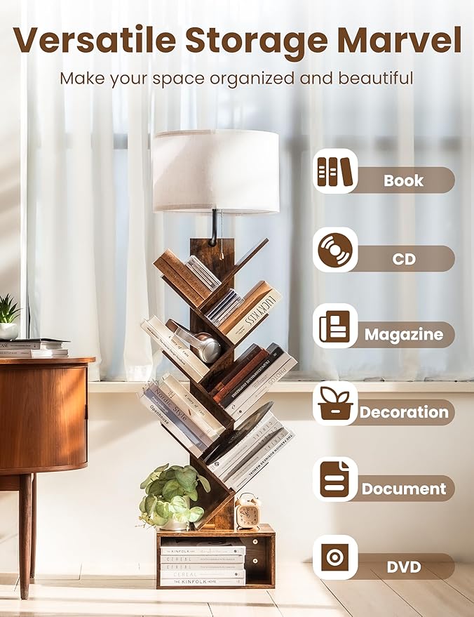6 Tier Tree Bookshelf with Light, Corner Tall Narrow Bookshelf, Small Bookcase with Storage Cabinet,Floor Standing Bookshelves Organizer for Bedroom/Living Room/Home Office, Rustic Brown