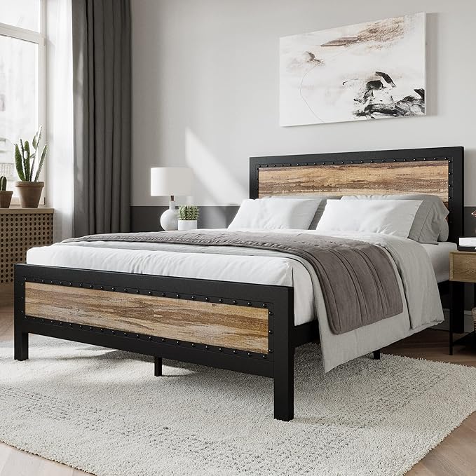 SHA CERLIN Heavy Duty Metal Bed Frame Queen Size, Platform Base with Wooden Headboard Footboard, 13 Strong Slats Support, No Box Spring Needed, Mattress Foundation, Easy Assembly