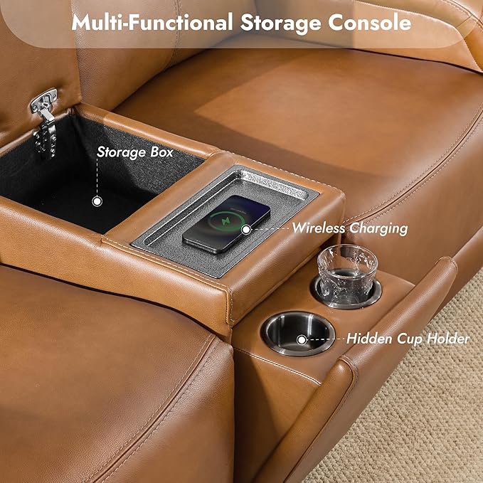 Watson & Whitely Genuine Leather Power Recliner Sofa, 3 Seater Wall Hugger Reclining Sofas with Storage Console, Power Headrest, USB, Electric Recliner Couch Set for Living Room, Saddle Brown