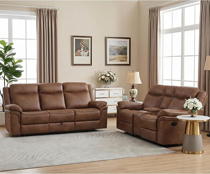 Luxurious Faux Leather Recliner Sofa Set for Living Room, Manual Rocking Loveseat, 3 Seat Reclining Sofa Couch with Dropdown Table, Storage and USB for Meeting Room (77"+87")