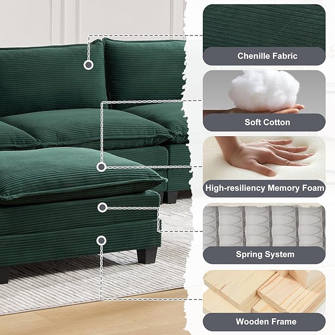 103" Oversized Modular Sectional Sofa Couch with Reversible Ottoman, Free Combination Convertible Corner Couch,Corduroy Upholstered Cloud Sectional Couch with Side Pockets | Multiple Cushions, DIY Combination, Removable Cover