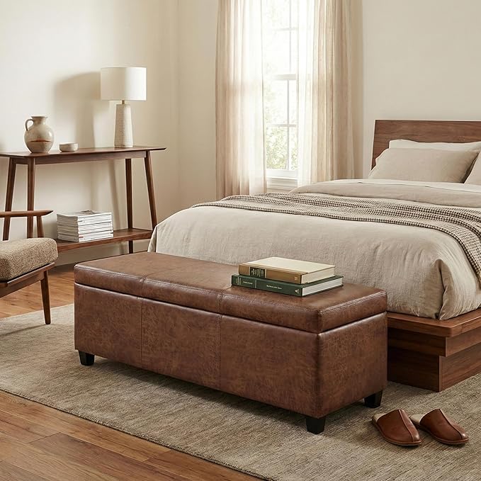 SIMPLIHOME Avalon Storage Ottoman Bench - 48 inch Wide Upholstered Vegan Leather Rectangular Lift-Top Ottoman in Distressed Umber Brown, Contemporary Bench for Living Room with High-Density Foam