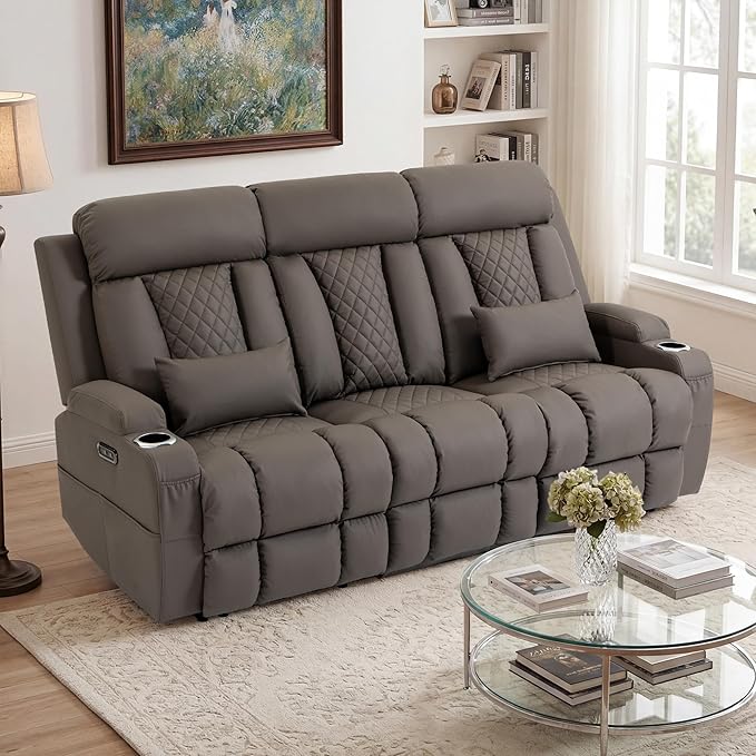 2-Piece Power Reclining Sofa Set, 3-Seater Sofa with Drop-Down Console & 2-Seater Loveseat, Zero Wall Hugger Electric Recliner Couch with Adjustable Headrest, AC Outlets (Brown, 3 Seat)