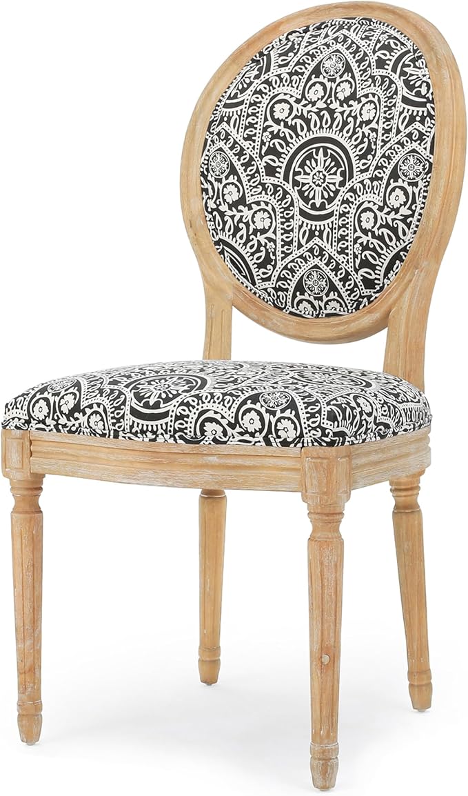 Christopher Knight Home Hulda French Country Fabric Dining Chairs (Set of 4), Black and White Pattern, Natural