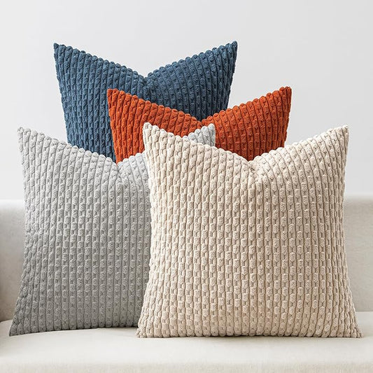 MIULEE Blue Orange Decorative Throw Pillow Covers for Couch Living Room 18x18 Inch Soft Pillow Cases Set of 4 Boho Striped Corduroy Farmhouse Cushion Covers Home Decor for Sofa Bed