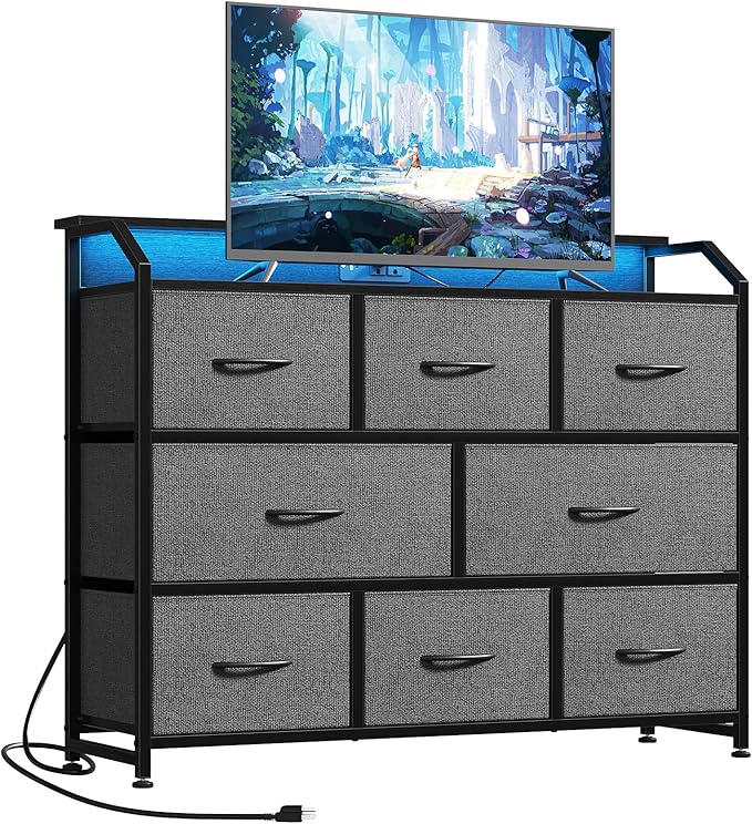 DUMOS TV Stand Dresser with 8 Fabric Drawers, 8-Drawer Chest of Drawers with APP Control LED Lights and Type-C Charging Station, Fabric Storage Tower TV Stand for Living Room, Gray