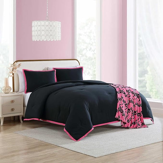 Betsey Johnson - Twin Comforter Set, Bedding Set with Matching Sham & Bonus Soft Throw, Dorm Essentials (Signature Hotel Solid Black)