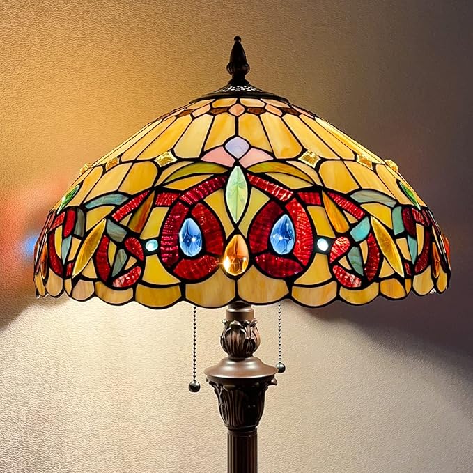 Capulina Tiffany Lamp Stained Glass Floor Lamp 2-Light 16x16x63 Inches Antique Victorian Cream Brown Industrial Dark Bronze Pole Tiffany Style Standing Lamp for Living Room Bedroom Home Office