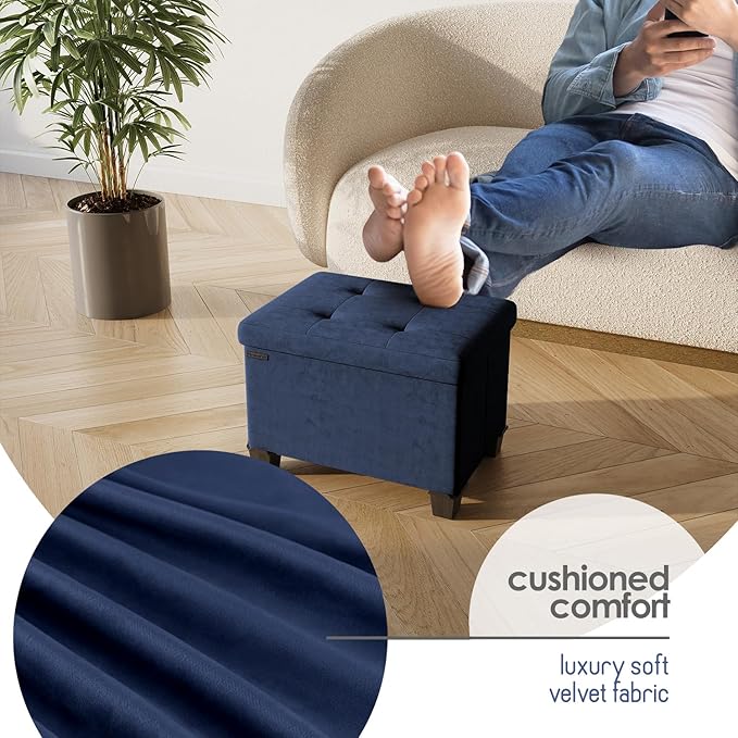Storage Ottoman Cube with Small Bin, 16-in Square Ottoman with Storage for Living Room and Bedroom, Small Ottomans Foot Rest, Velvet Foot Stools Ottomans Max 330lbs, Blue