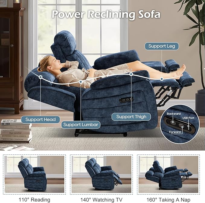 Zero Gravity Power Reclining Sofa with Adjustable Headrest, Electric Reclining Couch with Wireless Charge, Recliner Sofa 3 Seater with Drop Down Table,Cup Holder,USB Ports (Blue)